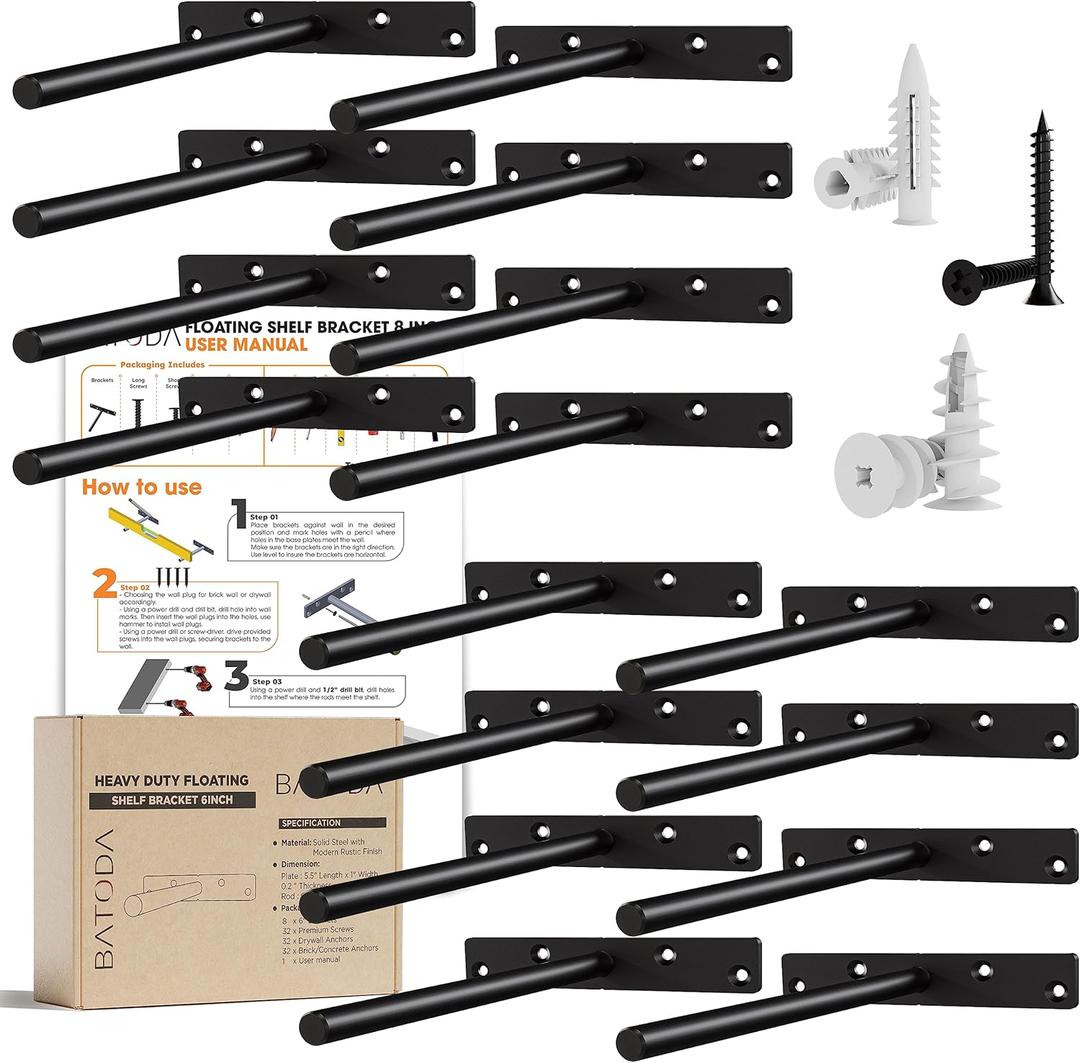 BATODA - 8" Floating Shelf Bracket Heavy Duty (16 pcs)Solid Steel Blind Shelf Supports - Hidden Brackets for Floating Wood Shelves - Blind Shelf Support Shelving Mounting Hardware Included (Pack 16) (8 Inch Rod)