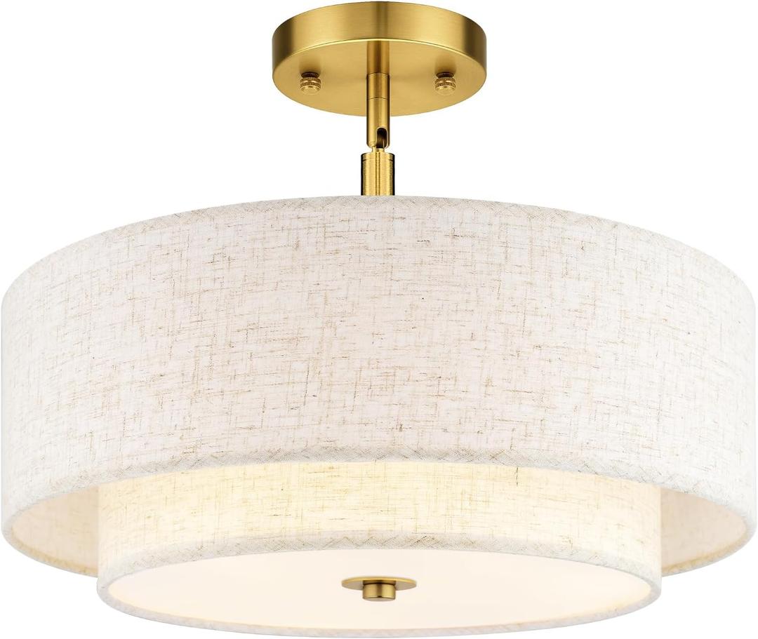 AUTELO Gold Semi Flush Mount Ceiling Light, 3-Light 16" Ceiling Light in Brushed Gold Finish with Drum Fabric Shade for Hallway Bedroom Kitchen, C2506 BG-16