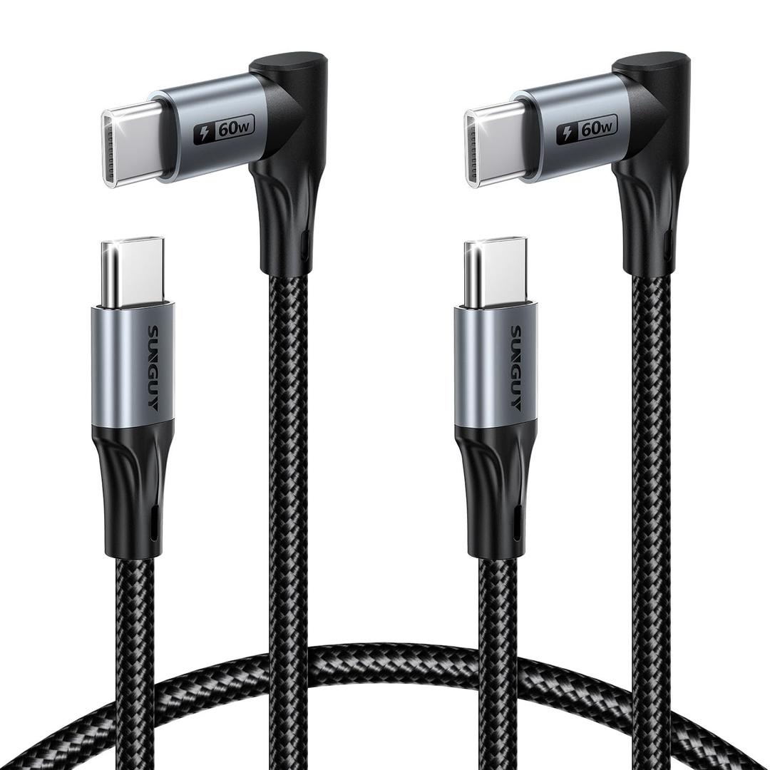 SUNGUY Longer Right Angle USB C Cable for Thick Cases 2FT [2Pack], 60W 90 Degree USB Type C Fast Charging Cable, USB-C Car Charger Cord for iPhone 17/16/15 Pro Max, Samsung Galaxy S25/24, MacBook