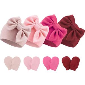 BQUBO Newborn Baby Hats Mittens Set Hospital Hat Beanie Infant Bow Hats Baby Gloves No Scratch Mittens for 0-6 Months 