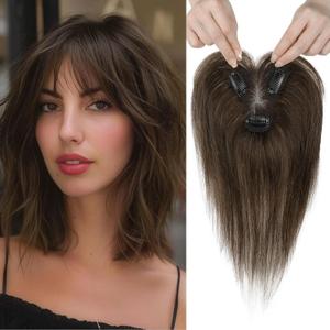 REECHO Hair Toppers for Women Real Human Hair, Seamless Human Hair Toppers with Bangs, 360 3D Cover Clip in Bangs Hair Extensions for Daily Wear, Dark Chocolate Brown