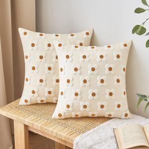 EMEMA Decorative Throw Pillow Covers Sun Flower Jacquard Pillowcase Cushion Case Square for Couch Sofa Bed Living Room Bedroom Set of 2, 16x16 Inch, Beige
