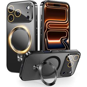 Magnetic for iPhone 17 Pro Max Case with Ring Stand, Fits MagSafe, with Built-in Camera Lens Protector, Slim Electroplated Shockproof Phone Cover, Black