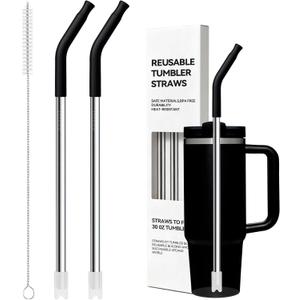 Metal Straw Reusable for Stanley 30 OZ Tumbler,11 Long Stainless Steel Drinking Straws with Black Silicone Tip for STANLEY Quencher 30 oz Cups, 1 Straw Brush, 100% BPA Free Dishwasher Safe(Black)