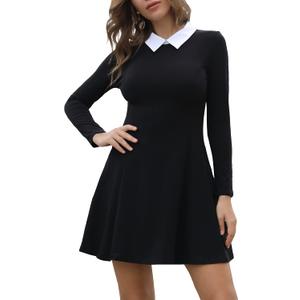 Aphratti Women's Long Sleeve Fall Dresses 2025 Casual Peter Pan Collar A Line Fit and Flare Skater Goth Dress (Small, Black02)