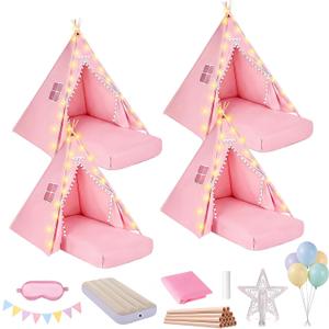 4 Pack Teepee Tent Set with Air Mattress, Sleeping Bag, Star Lights, Pink, 1.6m