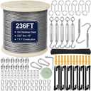 1/8" Wire Rope Kit 236FT Stainless Steel Aircraft Cable with M5 Turnbuckles, 7x7 Strand Core Vinyl Coated Guy Wire Tensioner Kit for Garden String Light, Pictuer, Clothes, Curtain Hanging