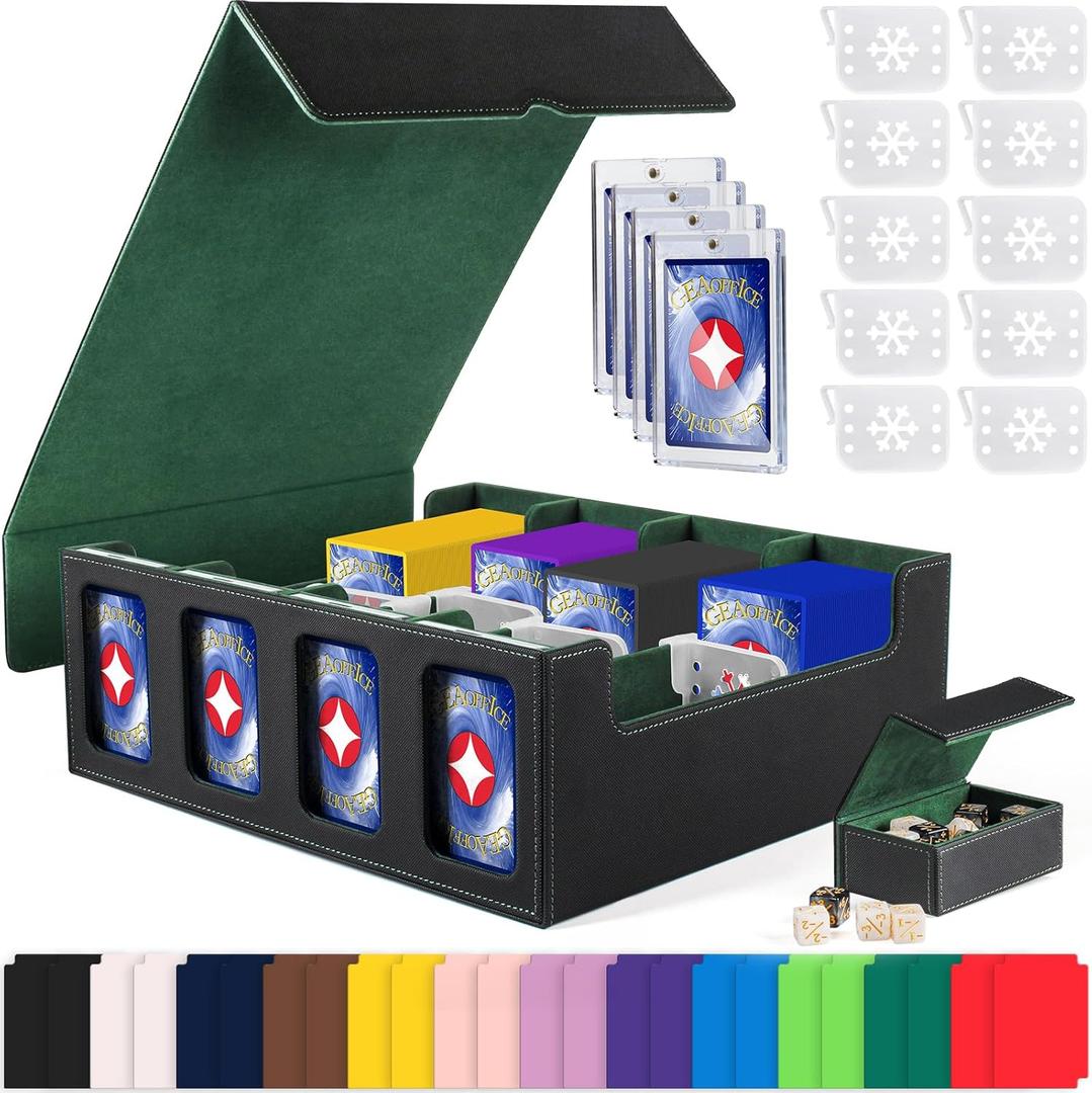 GEAoffice Trading Card Storage Box with Commander Display, 3200+ Card Deck Case with Magnetic Removable Lid, 4-Row Deck Box for MTG/TCG/Sports/Games, 10 Stoppers, 24 Dividers, 1 Dice Tray, Black Green