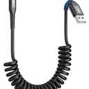 SUNGUY Coiled USB C Cable, 1Pack 5FTRecommended Stretch Length: 1.3-3.3FTUSB to USB-C Cable and Data-Cable for Android Auto, CarPlay, iPhone 17/16/15 Series, Galaxy S24 Ultra, Pixel, Xiaomi - Black