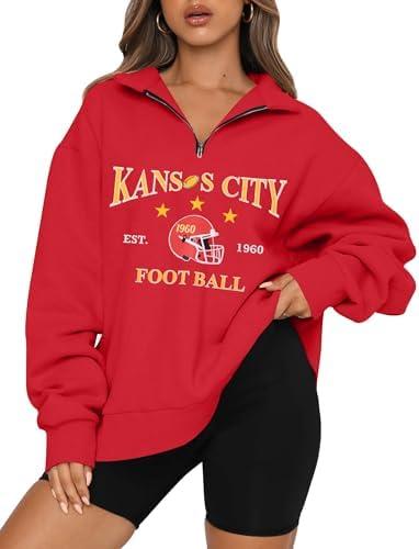 KIDDAD Football Sweatshirt for Women Game Day Graphic 1/4 Zip Shirts Football Team Fans Long Sleeve Pullover Tops, 2XL