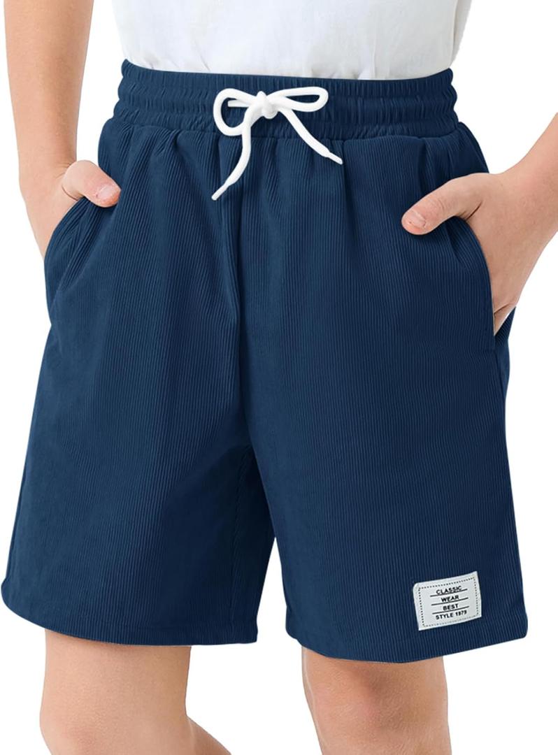 Haloumoning Boys Corduroy Shorts Kids Casual Elastic Waist Drawstring Summer Shorts with Pockets 5-14 Years (11-12 Years, Navy Blue)