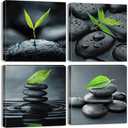 Zen Wall Art Black Pebble Stone in Water Pictures Bathroom Wall Decor Green Plant Bamboo Leaves Prints Meditation Living Room Canvas Calming Still Life Modern Artwork Bedroom Home Decoration 12x12" 4P