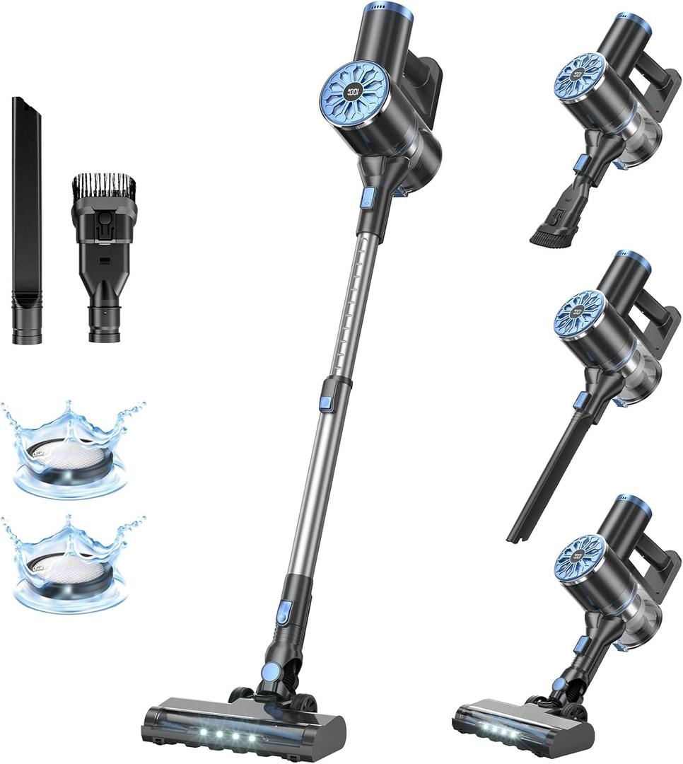 Cordless Vacuum Cleaner with Self-Standing, LED Screen Stick Vacuum Cleaners for Home, Lightweight Powerful Suction Vacuum, 6-in-1 Rechargeable Vacuum for Carpets, Pet Hair, Hardwood Floors (Black)