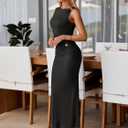 Simplee Womens Summer Bodycon Maxi Dress Ruched Sleeveless Elegant Ribbed Wedding Guest Cocktail Formal Long Dresses (Black, S)