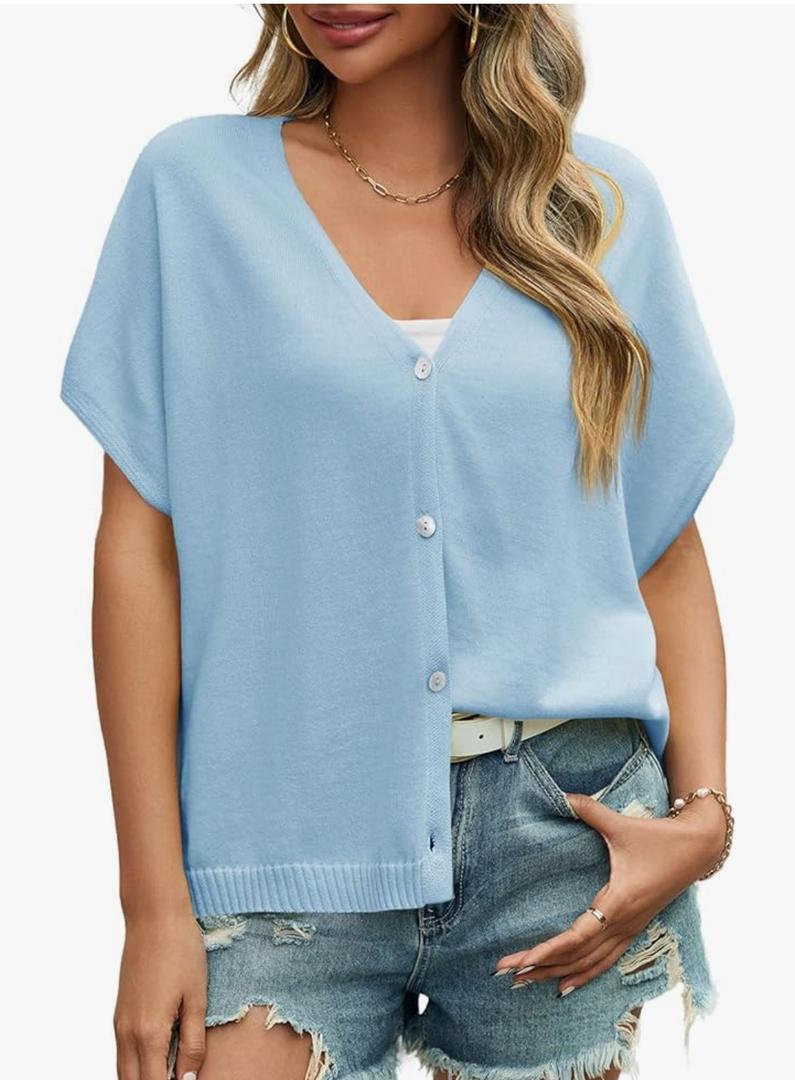 JUHEE Womens Oversized Summer Cardigan Tops Lightweight Going Out Cap Short Sleeve Button V-Neck Knit Casual Sweater Shirts Large, Blue 
