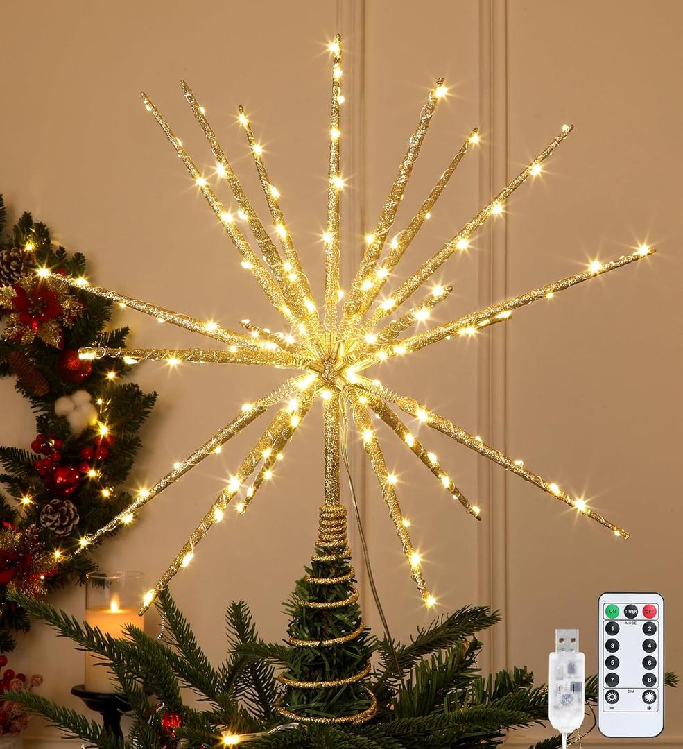 15 Inch Christmas Tree Star Topper with 150 LED Timer Lights & Remote, 19-Point USB Powered Lighted Gold Starburst Star Tree Topper for Indoor Holiday Party Xmas Tree Decor