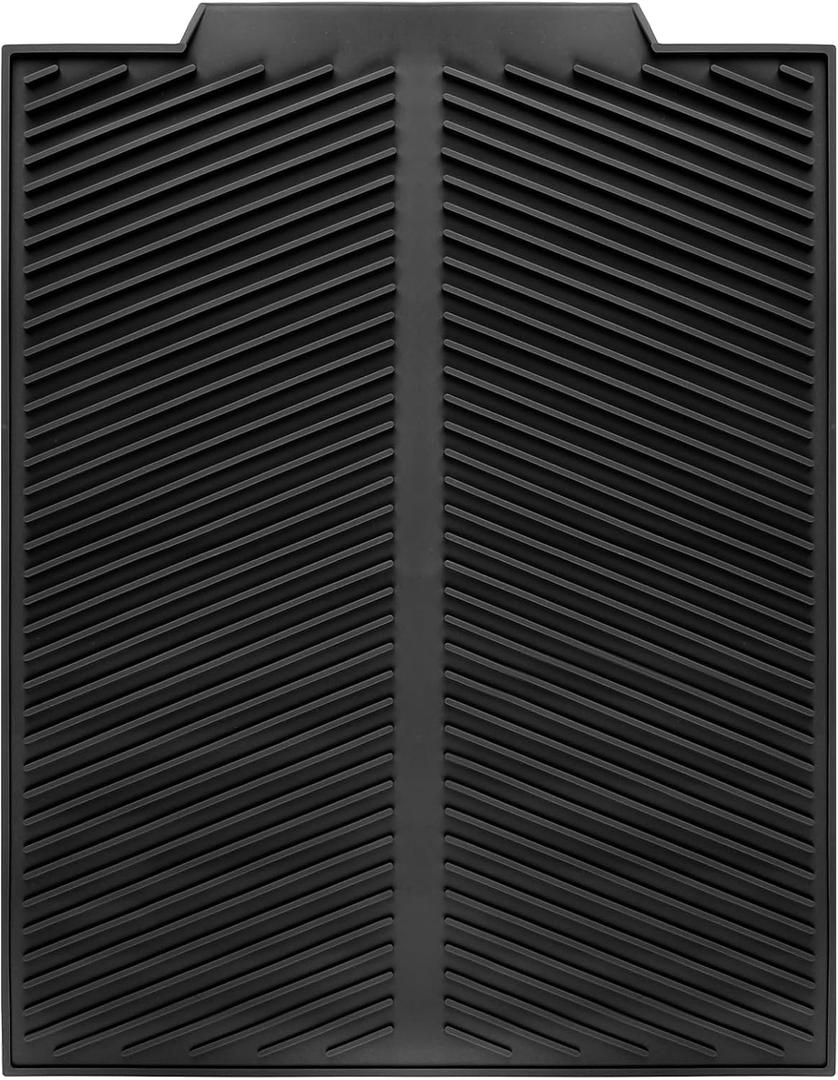 Silicone Dish Draining Mat with Drain Lip, Eco Friendly Dish Drying Mat Kitchen Counter Anti-Skid and Heat Insulation Pad, Hygienic Ultra Absorbent, Sturdy Compact Easy to Clean Tray (Black)