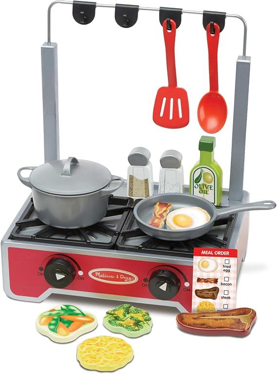 Melissa & Doug 17-Piece Deluxe Wooden Cooktop Set with Double-Sided Play Food, Durable Pot, Pan, and Hanging Utensils – Wooden Pretend Play Kitchen Playset for Toddlers and Kids Ages 3+