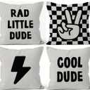 HIWX Rad Little Cool Dude Preppy Black Checkered Peace Sign Lightning Decorative Pillowcase Throw Pillow Cover,Trendy Preppy for Sofa Bed Boy Teen Room Dorm Decor 18 x 18 Inch Pillow Case Set of 4 (White)