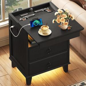 Yusong LED Night Stand with Gun Drawer, Bedside Table with Charging Station, Sofa Couch End Side Table with with 2 Drawers ＆Open Shelf for Bedroom, Black