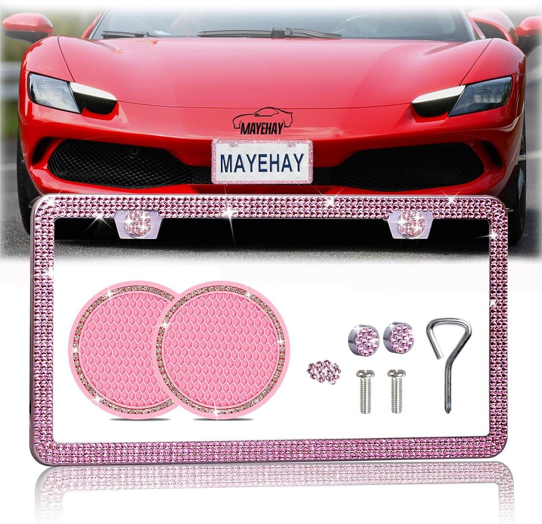 Pink License Plate Frame 1 Pack Bling License Plate Frames for Women Diamond License Plate Cover Bedazzled License Plate Holder Pink Sparkly Accessories for Car with Bling Cup Coasters