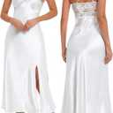 ALCEA ROSEA Women Silk Satin Nightgown Sexy Lace Chemise Lingerie Long Sleepdress for Ladies Sleepwear Slip Negligee (White, Small)