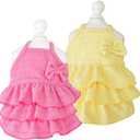 2 Pack Summer Dog Dresses with Bow Girl Puppy Clothes for Small Dog Spring Cat Outfit Sleeveless Pet Tiered Layered Cake Dress for Kitten Chihuahua Pomeranian Yorkie (Pink Yellow, Large)