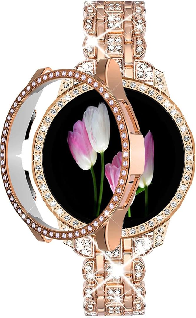 Bling Band+ Case Compatible with Samsung Galaxy Watch 7 40mm/44mm, Women Replacement Dressy Strap& Cover for Samsung Watch 7, Rose Gold, 40mm
