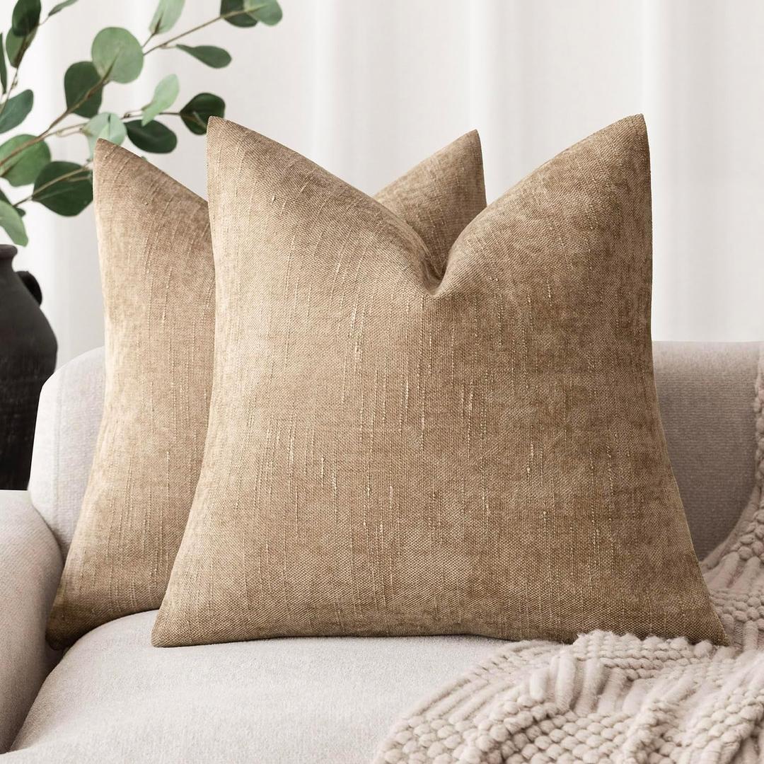 Foindtower Pack of 2 Textured Chenille Throw Decorative Pillow Covers Square Accent Solid Cushion Cover Neutral Farmhouse Pillow Case for Couch Sofa Bedroom Living Room 20x20 Inch, Taupe Khaki Camel 