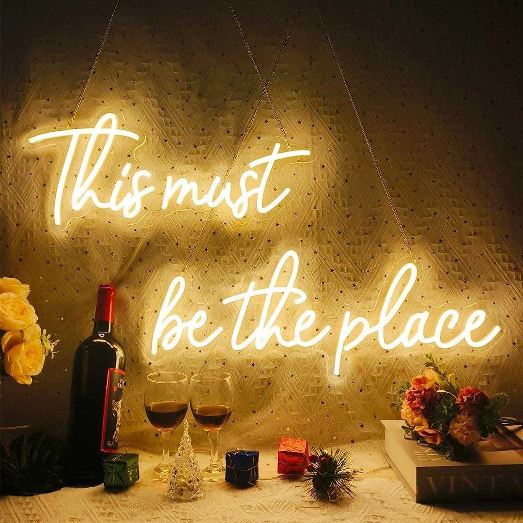 43x9 Inch Large This Must Be The Place Neon Sign with Remote Dimmer, Neon Lights Signs for Wall Decor, Neon Light This Must Be The Place for Bedroom, Office, Cafe, Bar, Weddings, Warm White