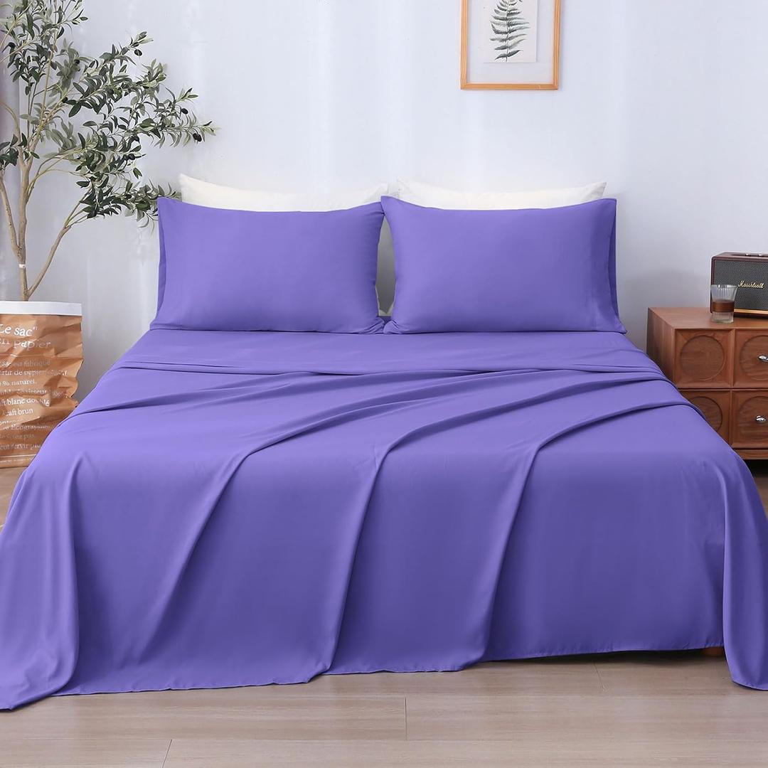 LONAVA Queen Sheet Set 4 Pieces,Purple Ultra Soft & Breathable Microbifer Sheets, 1600 Thread Count Hotel Luxury Oeko-Tex Bed Sheets, 14-16 Inch Deep Pocket Durable Wrinkle Free Sheets (Blue, M)