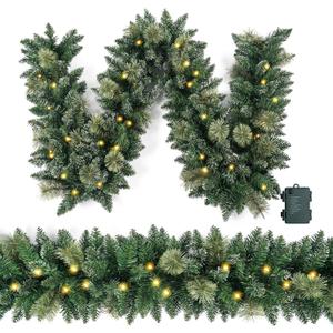 Christmas Garland Prelit 9 Ft with 50 Led Lights, Snow Style Xmas Garland, Battery Operated Christmas Decor for Mantle Stair Indoor Outdoor