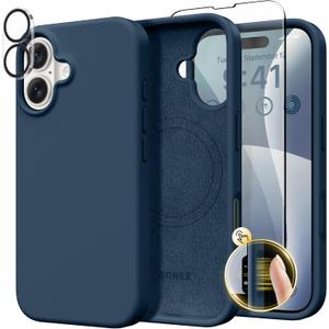 GONEZ Magnetic for iPhone 16 Case, Compatible with MagSafe, [Screen Protector + Camera Lens Protector], Liquid Silicone Shockproof Protective Phone Case for iPhone 16 6.1", Dark Blue