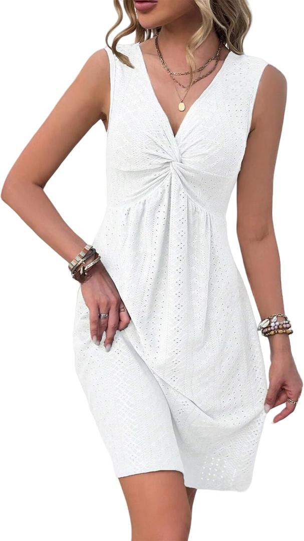 LLHXRUI Women's Twist Front V Neck Ruffle Casual Summer Dress Sexy Elegant Sleeveless Club Party Tunic Bodycon Mini Dresses(Large, White)