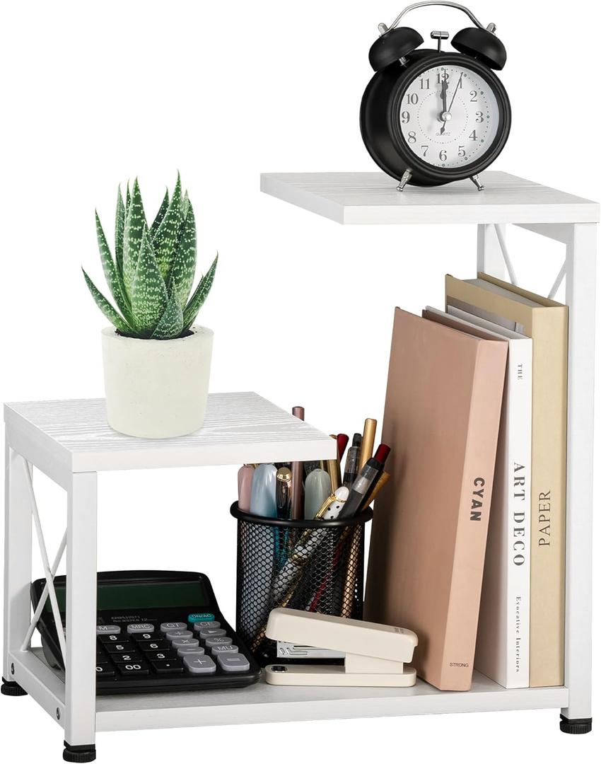 Desk Shelf Organizer, 3-Tier Wood Desk Bookshelf, Small Tabletop Book Shelf, Adjustable Display Rack for Office Decor and Desk Accessories, Rustic White