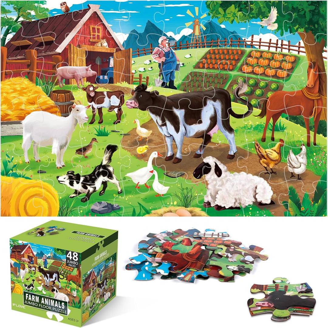 Jumbo Floor Puzzle for Kids,Farm Animals Jigsaw Large Puzzles,48 Piece Barn Puzzle for Toddler Ages 3-5,Children Learning Preschool Educational Toys,Birthday Easter Gift for 4-8 Years Old Boy and Girl