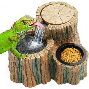 MIXJOY Reptile Water Fountain with Food Dish 550ML, 2 in 1 Reptile Waterfall Drinking Fountain, Reptile Water Dispenser for Bearded Dragon, Gecko, Leopard, Lizard, Chameleon, Tree Frog