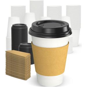 100 Pack 12 oz Disposable Coffee Cups with Lids and Sleeves, Sturdy Thick Paper & Leak-free Insulated to Go Paper Hot Coffee Cups with Sip Lids for Hot & Cold Beverage | with Lids, and Sleeves, Sturdy, Leak-free, Insulated, to Go Coffee Cups