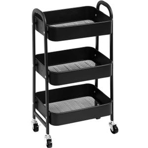 AGTEK Makeup Cart, Movable Rolling Organizer Cart, Black 3 Tier Metal Utility Cart