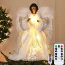 12.5" Black Angel Christmas Tree Topper with Lights, Lighted Angel Tree Topper with White Feather Wings and Star Light, Remote Control, Timer & USB Powered for Holiday Party Decor (Winter Silver)