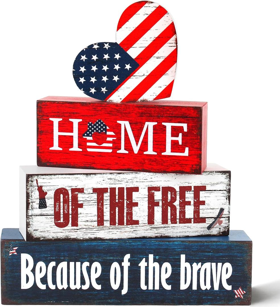 4 Pcs 4th of July Patriotic Wooden Tiered Tray Decor, 250th Anniversary Independence Day Decorations Gifts for Home, Memorial Day Red White Blue Table Centerpiece for Office Party Shelf Kitchen