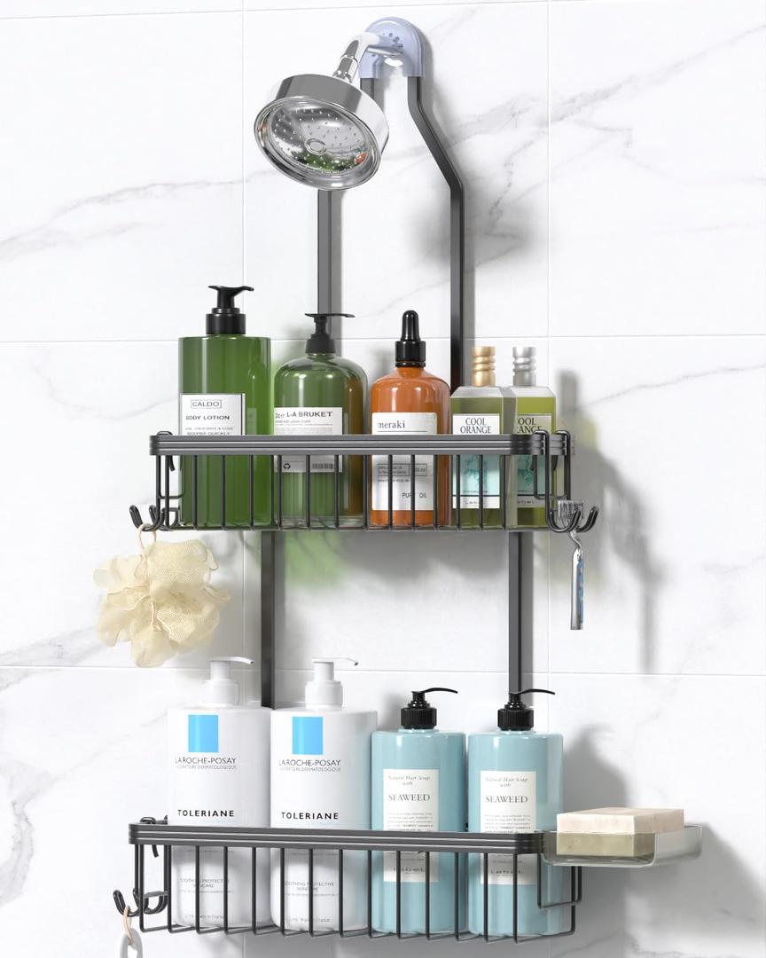 YASONIC Shower Caddy Hanging, Never Rust Shower Organizer Hanging, Aluminum Shower Racks for Inside Shower with Hooks for Razor, Bathroom Organizers and Storage with Soap Holder, Grey