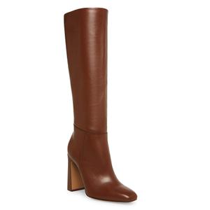 Coutgo Women's Chunky Heeled Knee High Boots Classic Square Toe Zippered Leather Tall Boot, Dark Brown, Size 9.5