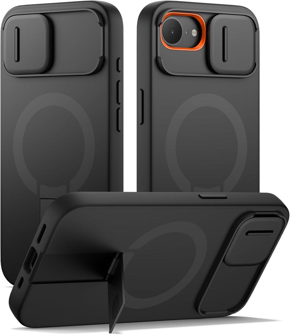 SURITCH for iPhone 16e Case with Magnetic Camera Slide Cover and Adjustable Kickstand, Compatible with MagSafe, Shockproof Bumper Case Slim Protective Cover 6.1 Inch, Black