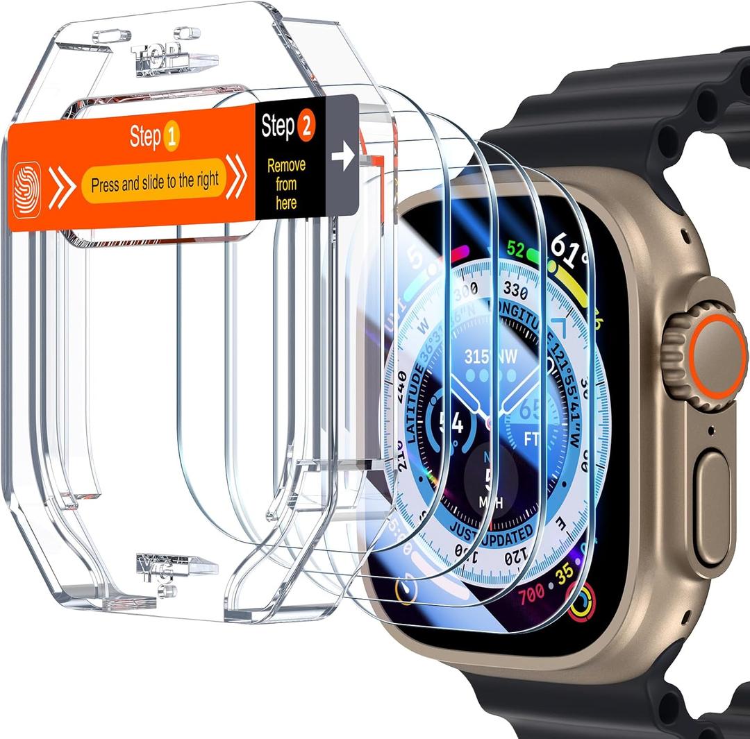 UniqueMe for 4 Pack Apple Watch Ultra/Ultra 2 / Ultra 3 Screen Protector 49mm, Military Grade Shockproof Case Friendly Anti-Scratch Bubble-Free Tempered Glass Clear Cover iwatchUpdate Packaging