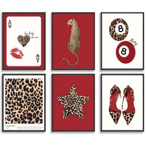 6Pcs Trendy Leopard Wall Art Prints Funky Red Lucky 8 Ball Posters Vintage Preppy Room Aesthetic Cheetah Wall Decor Pictures for Girly Bedroom Apartment Dorm Unframed (16L x 12W)