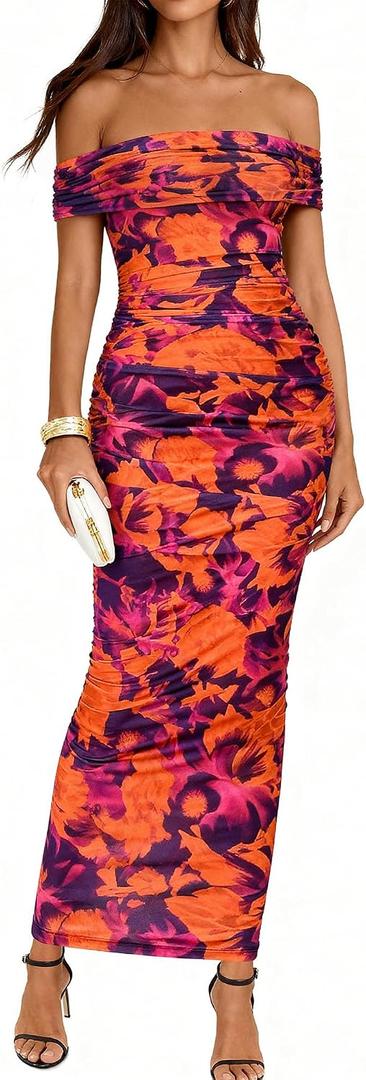 BTFBM Cocktail Dresses for Women 2026 Elegant Classy Off Shoulder Bodycon Mesh Slit Floral Maxi Spring Summer Dress (L)