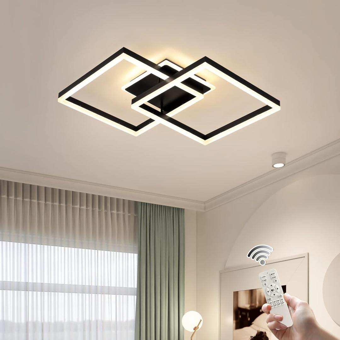 Becailyer Modern LED Ceiling Light, Dimmable 2 Squares Ceiling Lamp Fixture with Remote, Acrylic Metal Flush Mount Ceiling Chandelier Lighting for Living Room Bedroom (40W, Black)