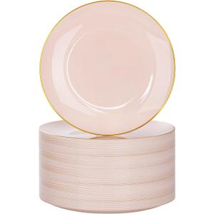 Nervure 100Pieces Pink and Gold Plastic Plates - 7.5inch Disposable Pink Salad/Dessert Plates - Heavy Duty Plastic Plate Ideal for Wedding & Party