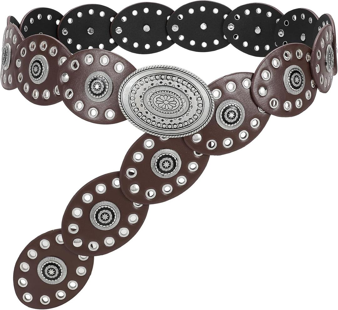 WHIPPY Women Disc Concho Leather Belt Western Cowgirl Wide Belt Vintage Boho Country Oval Waist Belt for Music Festival Dress (Fit Waist Size Up to 33", Espresso)